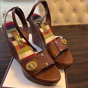 Coach Brown Leather Wedge Sandals with Ankle Strap